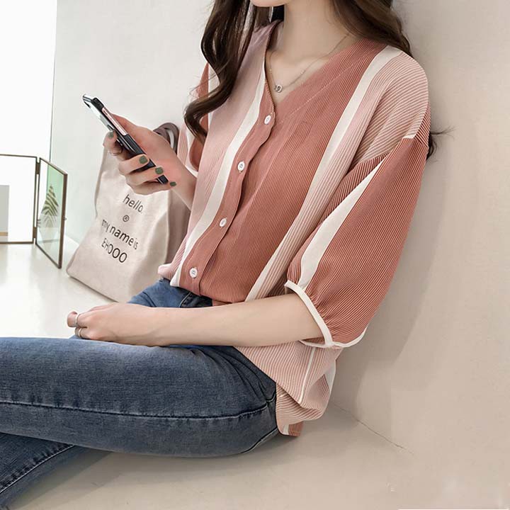 Áo sơ mi nữ form rộng , áo sơ mi công sở họa tiết kẻ sọc size m đến 4xl