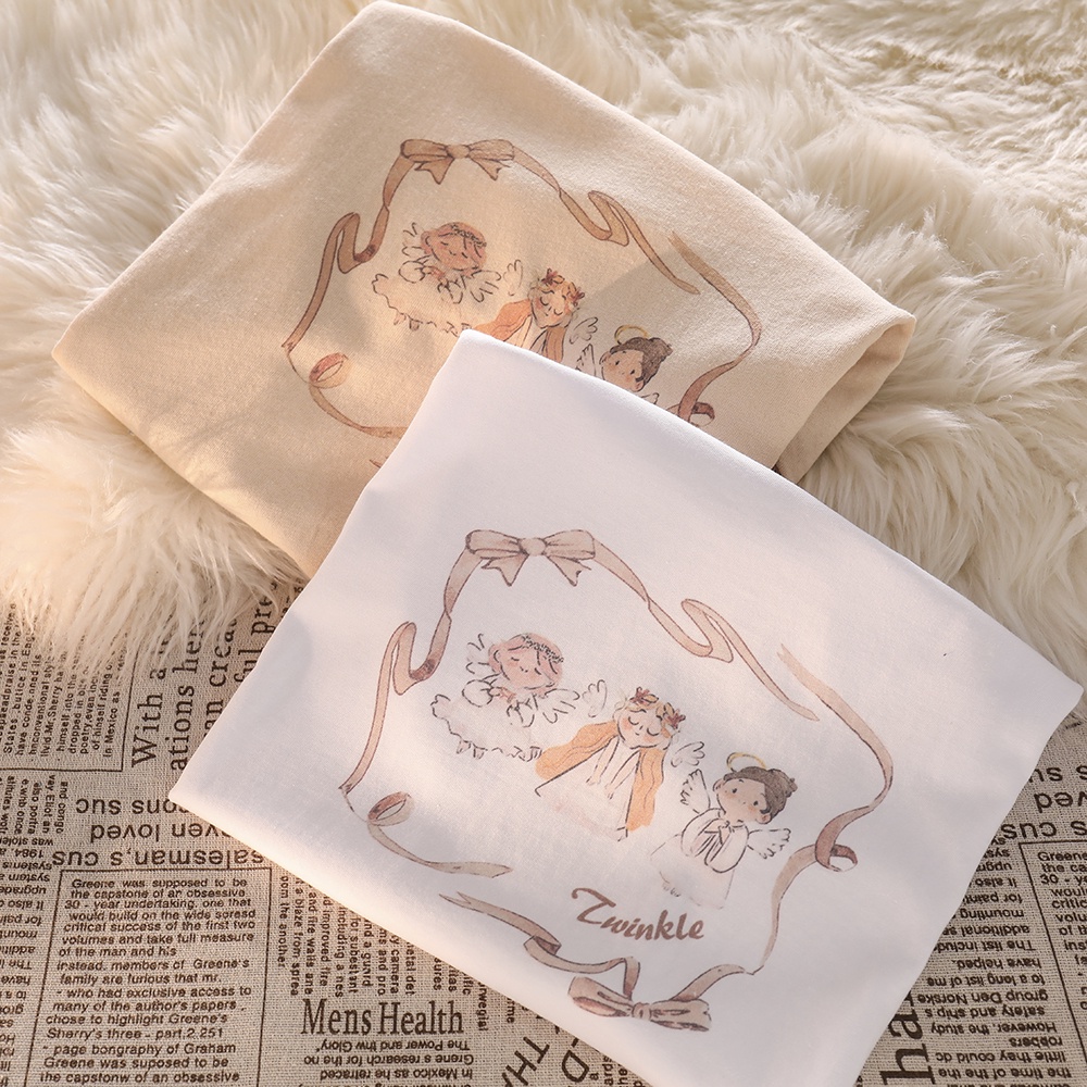 NUZIRO  Áo thun  tay ngắn cổ tròn in hình thiên thần nhỏ dễ thương thời trang cho nữ