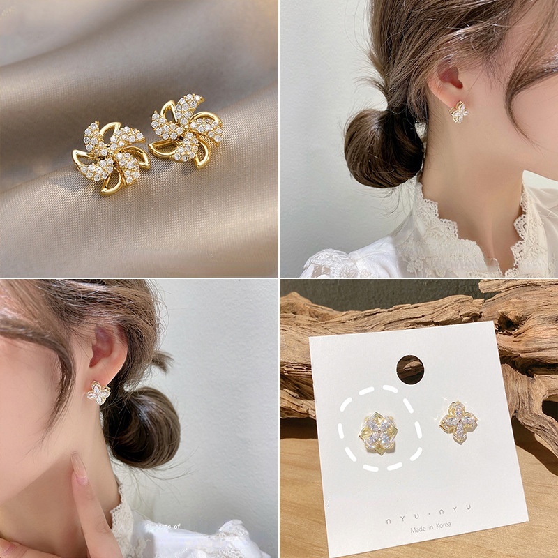 Đôi khuyên tai chốt bạc 925 hình cỏ bốn lá phong cách Hàn Nhật dễ thương cho nữ