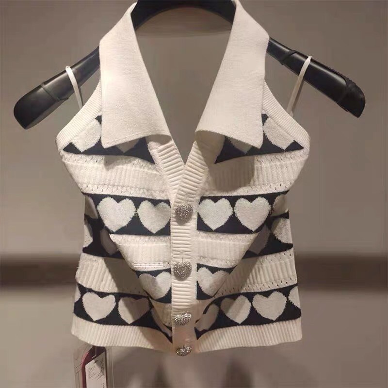 Áo croptop len gân 2 dây hở lưng cổ V hoạ tiết trái tim siêu xinh ❤️
