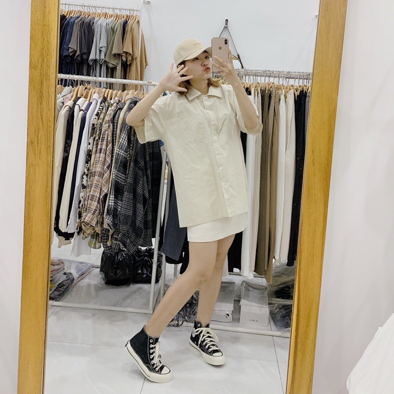 sơ mi thô oversize cộc tay