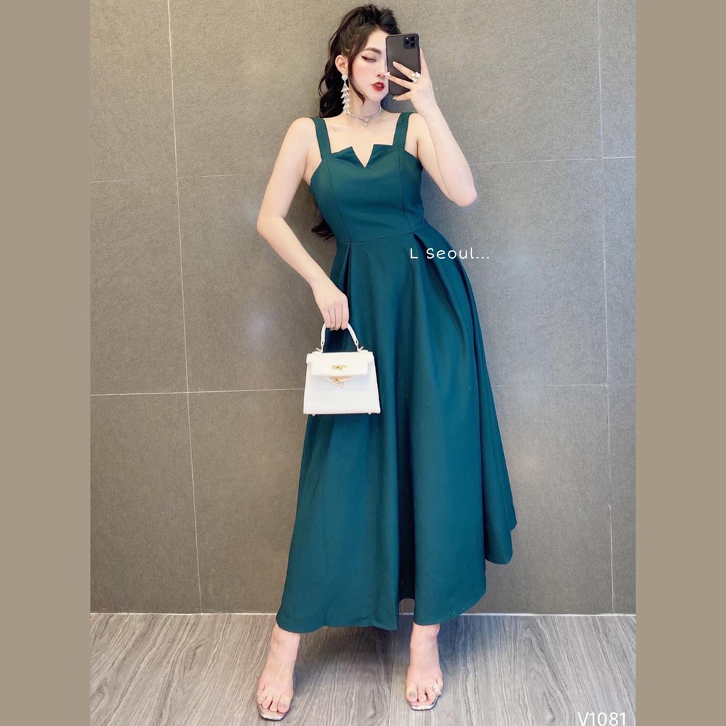 Đầm 2 Dây Xòe Dáng Dài Cổ V LSEOUL V1081 Chất Dày Dặn Ngọt Ngào Nữ Tính