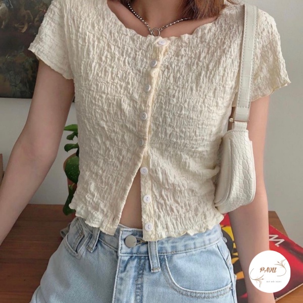 Áo cộc tay nữ phối cúc chất xốp nhăn, Áo thun nữ dáng ôm body tay ngắn chất co giãn cực mát,xinh xắn | BigBuy360 - bigbuy360.vn