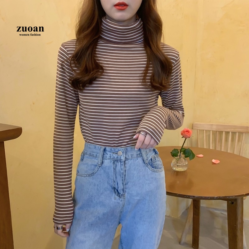 SUXI Áo cổ cao tay dài họa tiết sọc ngang trơn đáng yêu thời trang cho nữ