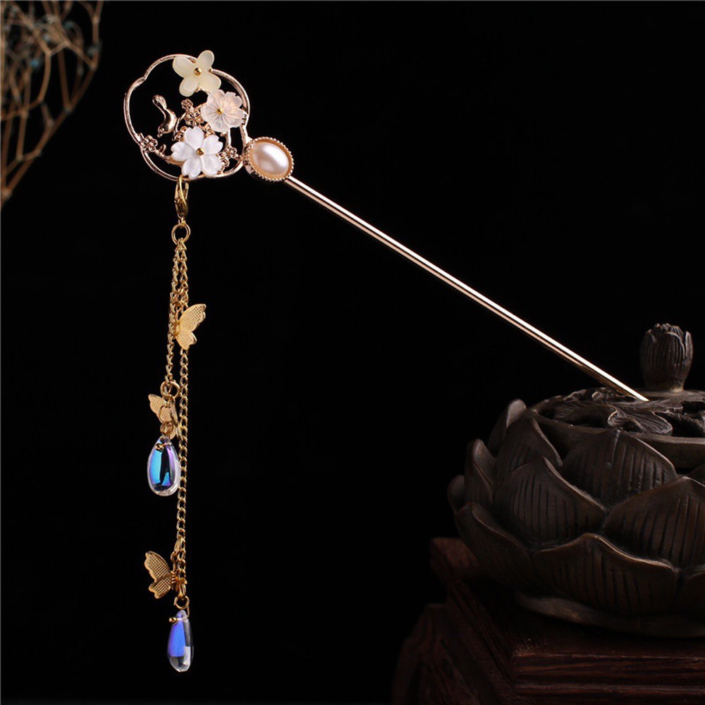 Trâm cài tóc tua rua hình hoa đính ngọc trai phong cách Trung Hoa cổ điển cho nữ