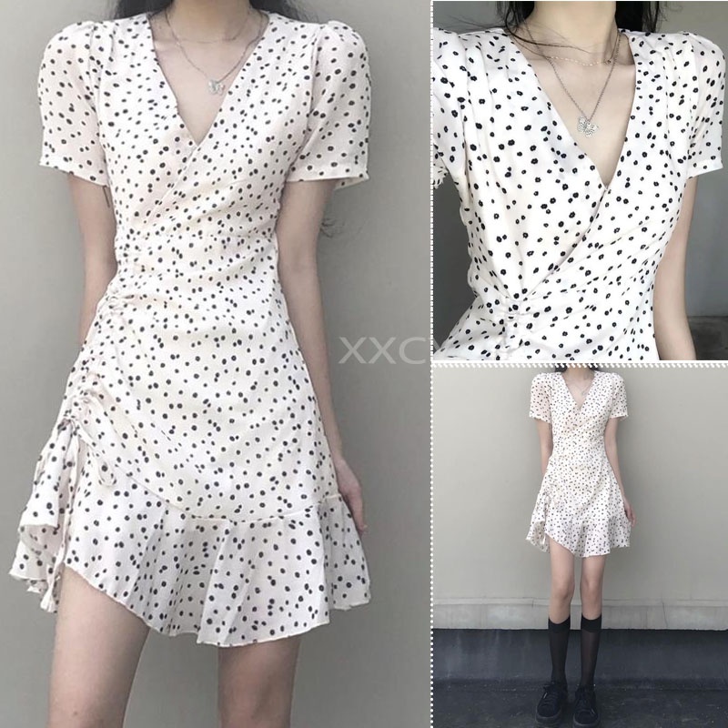 Váy hoa cổ chữ V dành cho nữ có dây rút Chân váy chấm bi，đầm sang chảnh