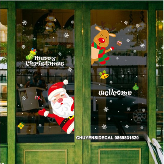 Decal Trang Trí Noel Hai Mặt Hít Tĩnh Điện Không Dơ Kính- Ông già Noel và Tuần Lộc Nâu Chào Lễ