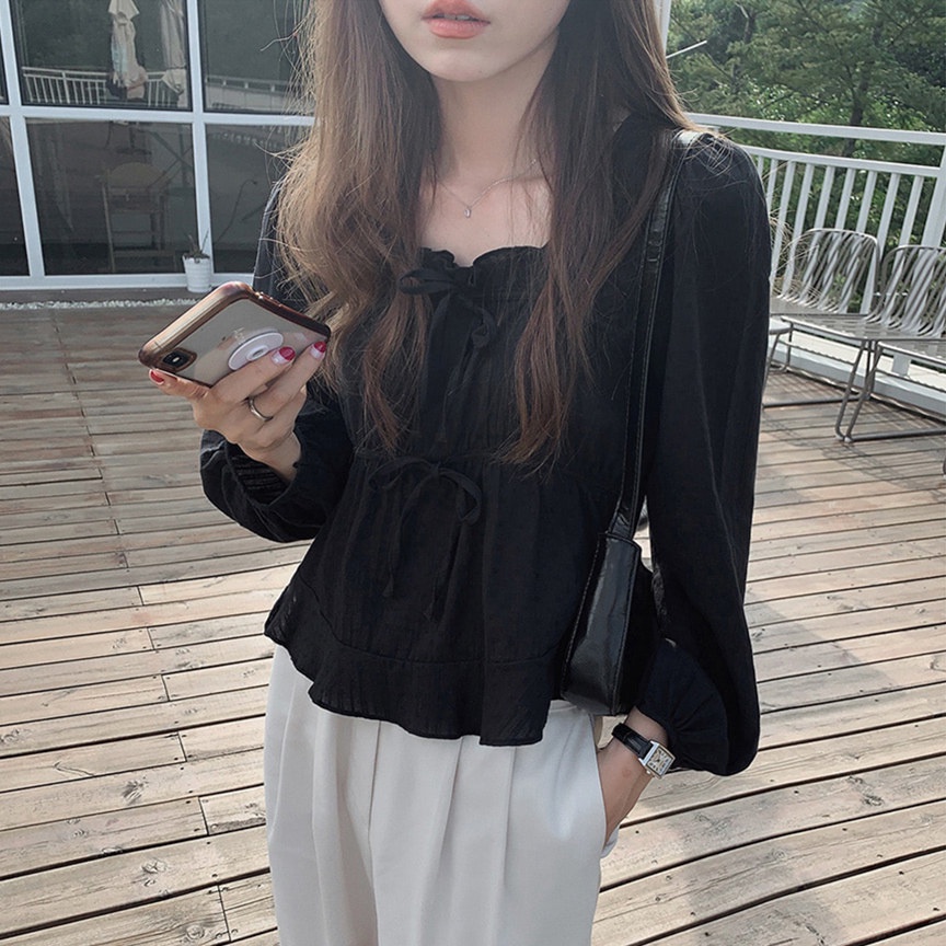 Áo kiểu SUXI vải cotton tay dài kiểu cổ vuông phối ren thời trang phong cách Hàn Quốc cho nữ