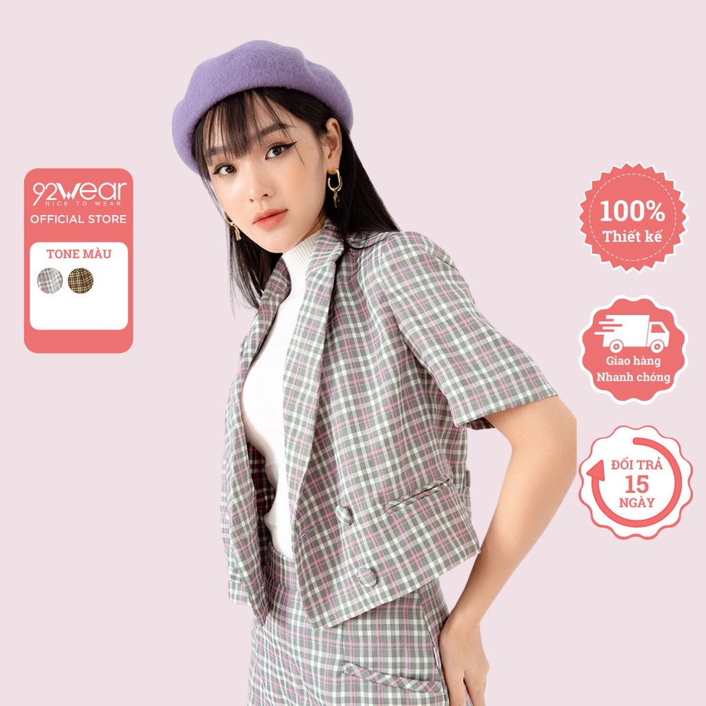 Áo vest nữ dáng lửng ngắn tay 92WEAR, họa tiết kẻ caro trẻ trung ABA1966 | BigBuy360 - bigbuy360.vn