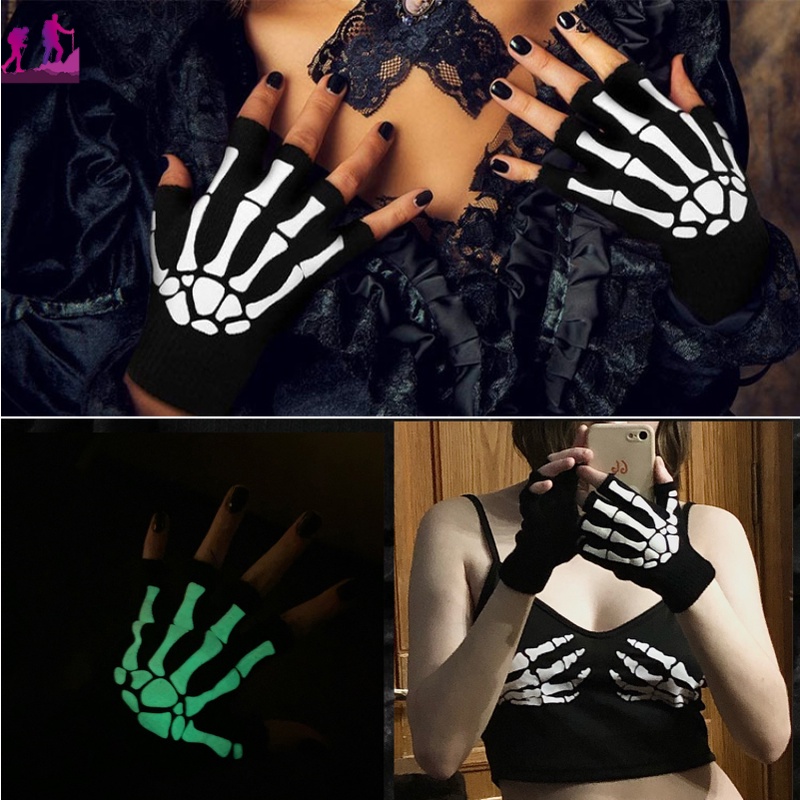 Găng Tay Chống Trượt Hở Ngón Họa Tiết Bộ Xương Phong Cách Gothic