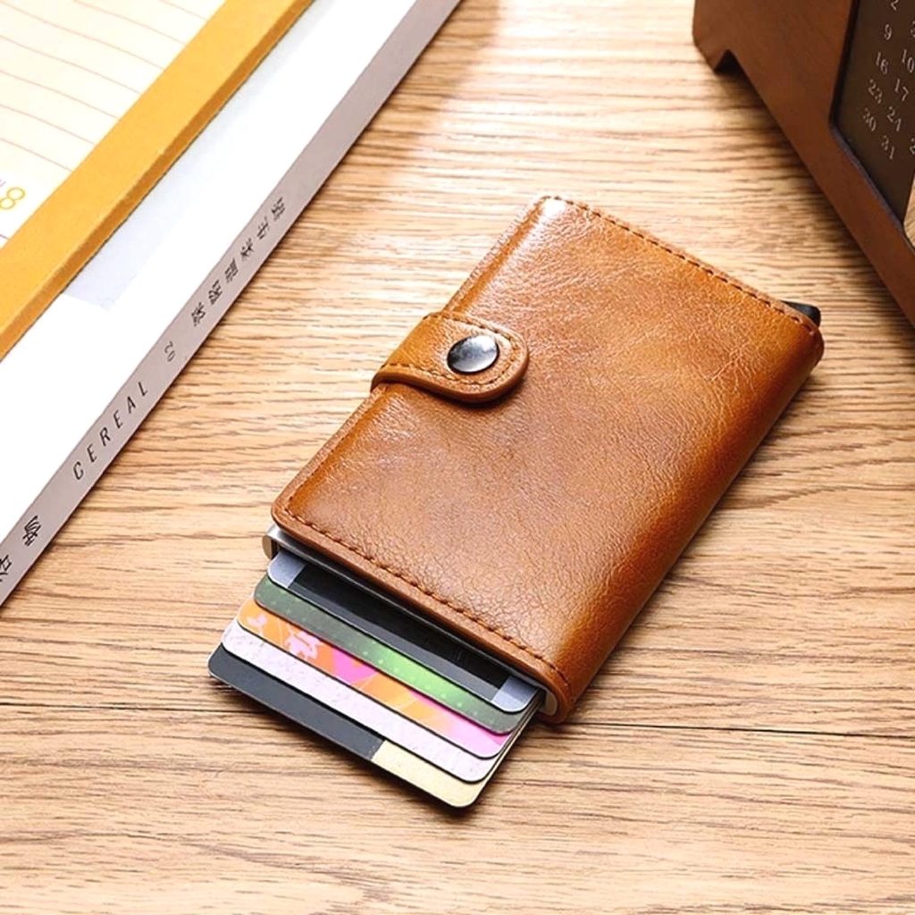 Leather Mens Aluminum Wallet RFID Blocking Mini Magic Wallet Automatic Credit Card Coin Purse