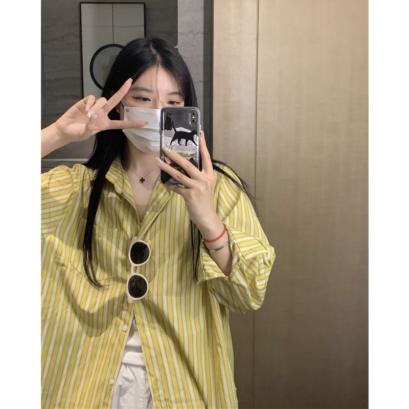 Áo Khoác Sơ Mi Cardigan Tay Dài Dáng Rộng Họa Tiết Kẻ Sọc Thiết Kế Mới Thời Trang Cho Nữ