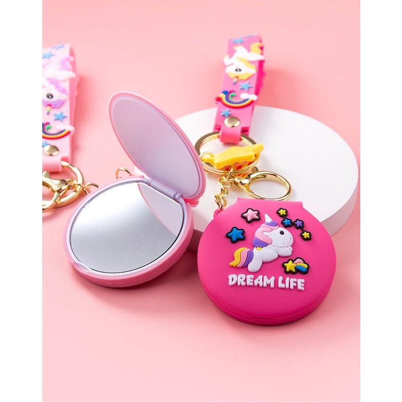 Móc khóa kèm gương bằng silicone họa tiết kỳ lân nhỏ gọn mini