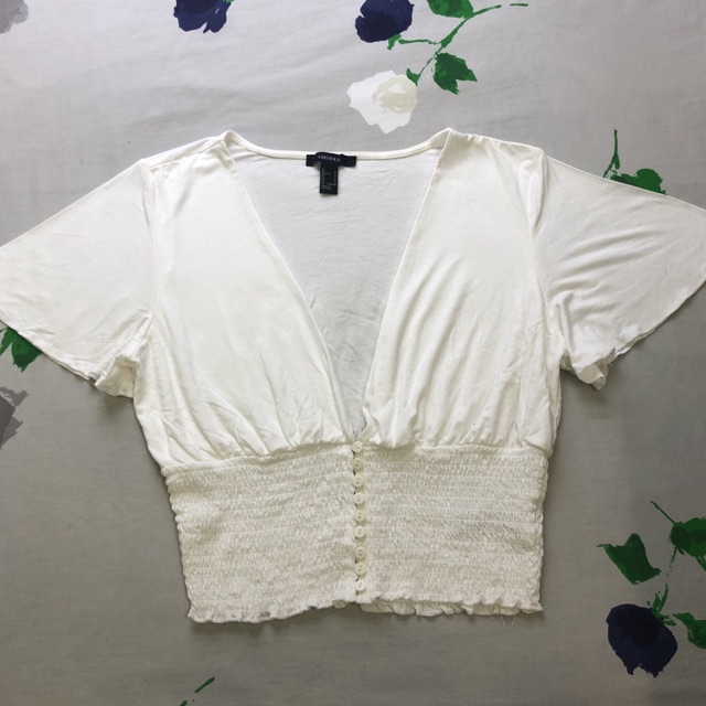 Áo Croptop F21 Nhún Eo Cổ Tim Sâu Gài Nút Tay Cánh Tiên Cotton Lụa Trắng / Đen / Tím