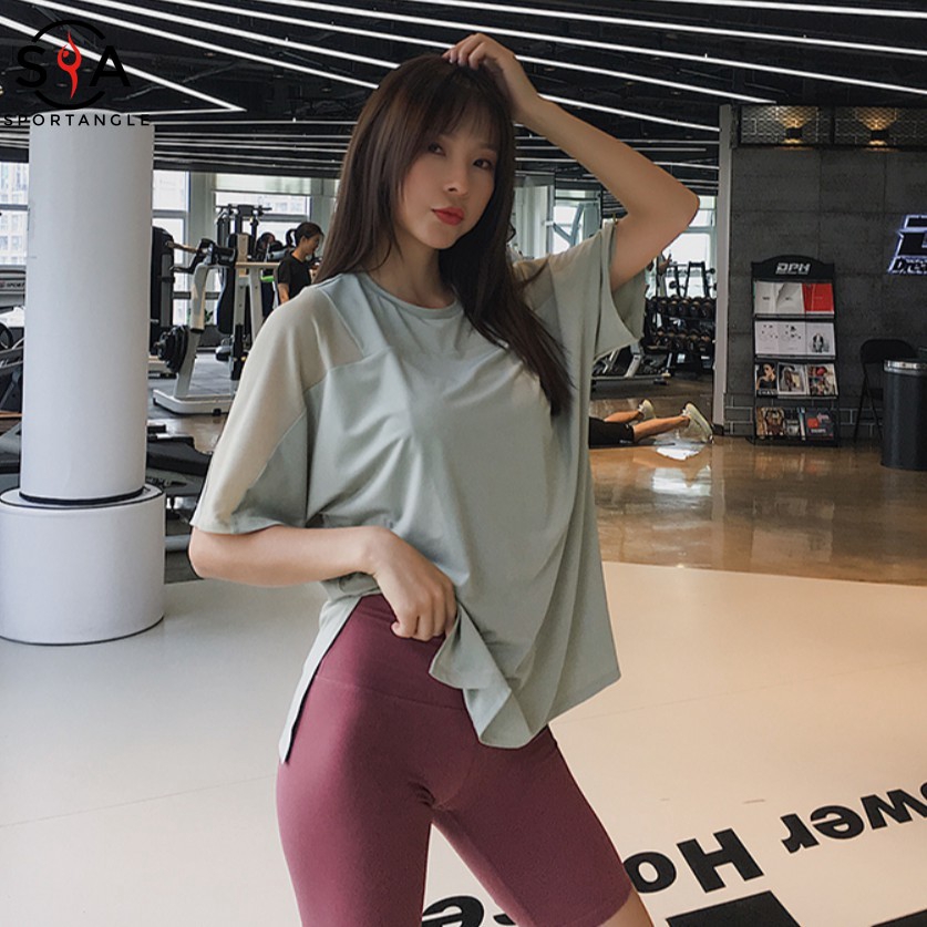 Áo thun thể thao tay ngắn form rộng màu trơn thoáng khí cho nữ