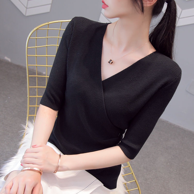 Áo len tay lửng cổ chữ V thiết kế độc đáo thời trang mùa thu mới cho nữ