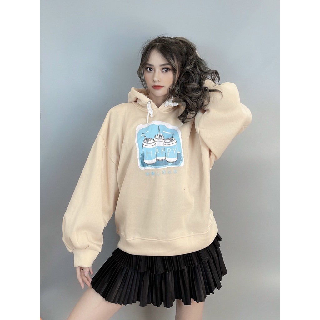 Áo Hoodie Nỉ Bông Tay Phồng in 3 LON NƯỚC Form Rộng Unisex Nam Nữ Ulzzang