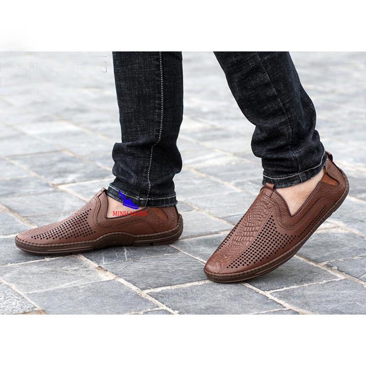 Giày rọ nam da bò cao cấp đẹp mẫu mới nguyên tấm Slipons đế khâu mùa hè đục lỗ thoáng khí Men’s Summer Shoes H-5 màu nâu