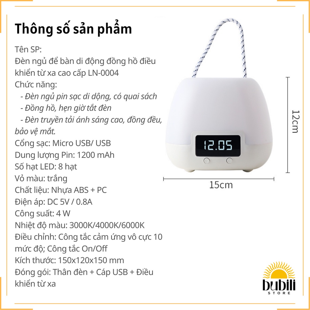 Đèn ngủ để bàn Di động Đồng hồ Điều khiển từ xa Cao cấp LN0004