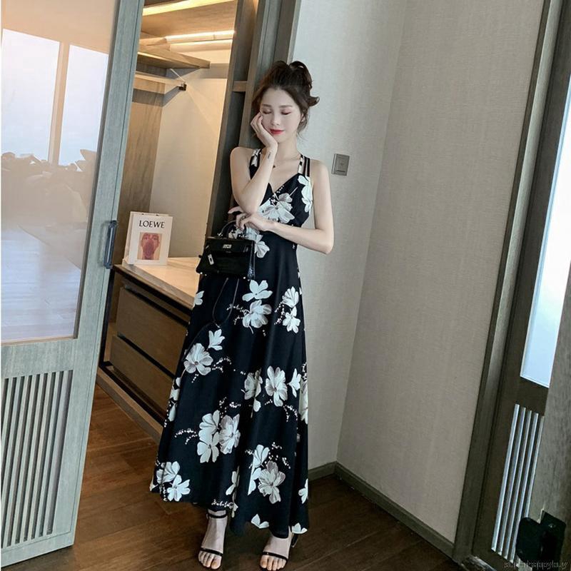 Đầm dây chiffon in hoa cổ chữ V gợi cảm duyên dáng cho nữ