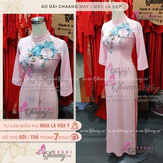 Áo dài đính hoa nổi - Chaang may kiểu cổ 2cm tay lỡ