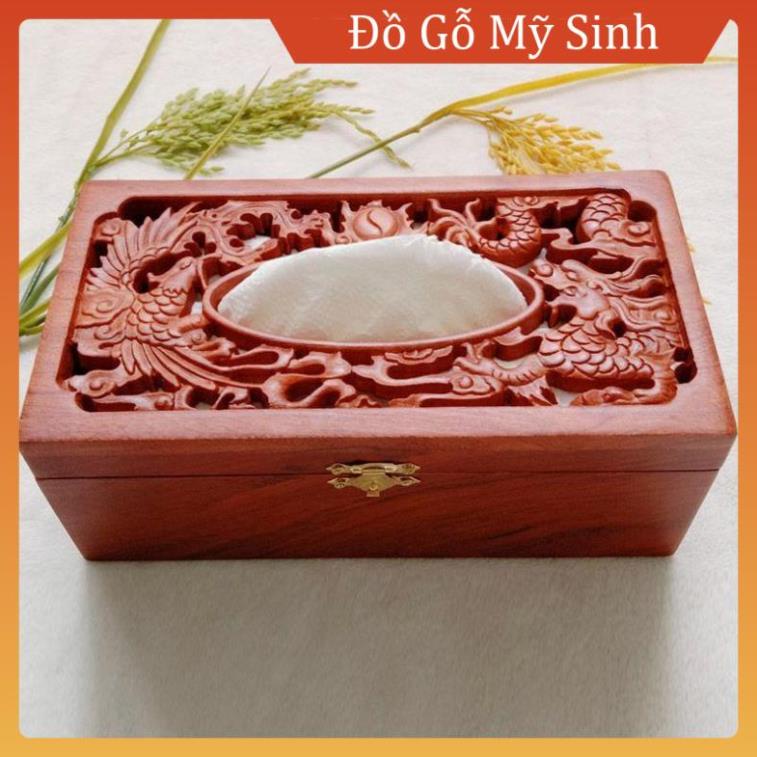 Hộp đựng giấy ăn khăn giấy khắc long phụng gỗ Hương Đỏ, Hàng mỹ nghệ mini để bàn phòng ăn phòng khách đồ gỗ MỸ SINH