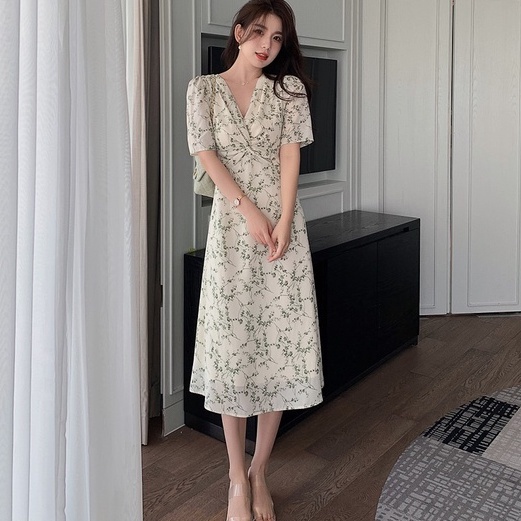 Đầm Hoa Ngắn Tay Cổ Chữ V Thanh Lịch Cho Nữ