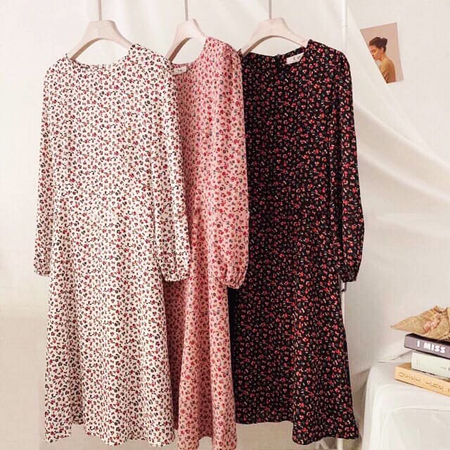 Đầm hoa nhí cổ tròn tay dài màu đen , Váy thiết kế thời trang nữ công sở dự tiệc dạ hội event sự kiện | BigBuy360 - bigbuy360.vn