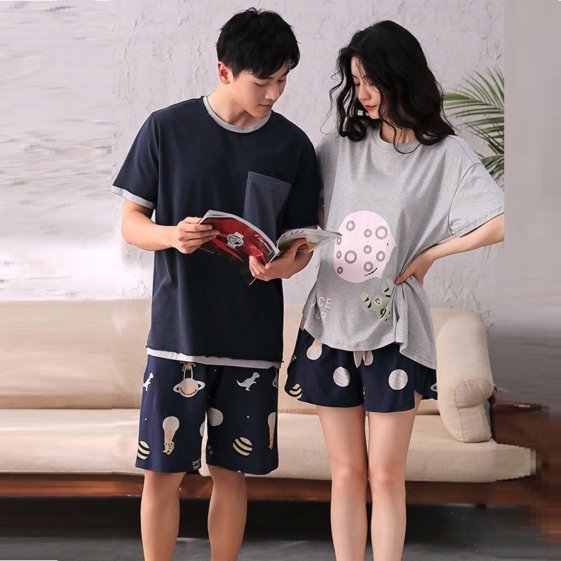 Bộ mặc nhà nữ thun cotton suông rộng áo ghi họa tiết space tour