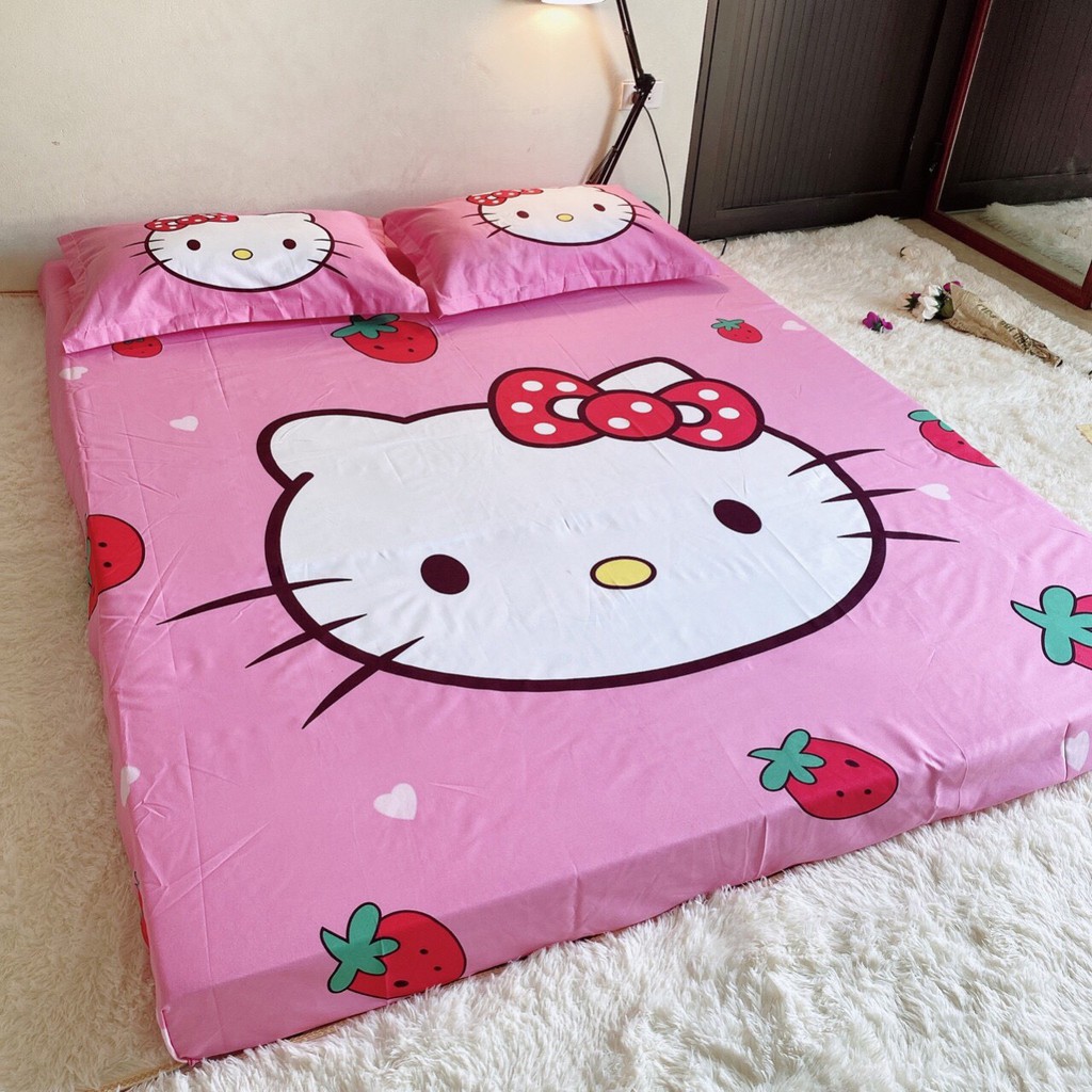 Ga Gối Cotton Tina Hàng Nhập Khẩu Cao Cấp 3 Món Mẫu Kitty dâu