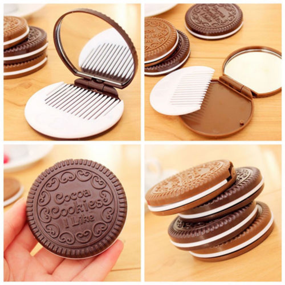 LUCKY Cute Mirror with Comb Women Chocolate Cookie Shaped Design Beauty Home Office Use Makeup Tool Dark Brown Pocket Mirror