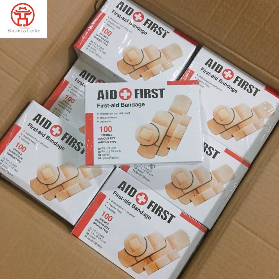 Hộp 100 miếng dán vết thương AID FIRST. Hộp urgo, hộp băng gạc y tế