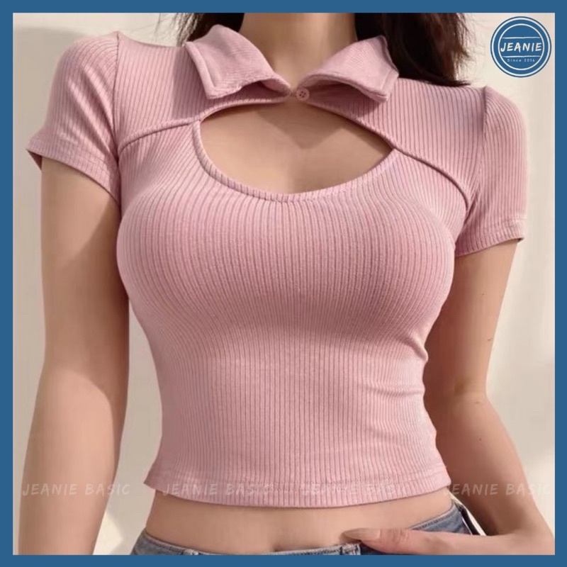 Áo croptop nữ ngắn tay khoét ngực JEANIE cổ bẻ đính nút kiểu ôm basic phong cách ulzzang