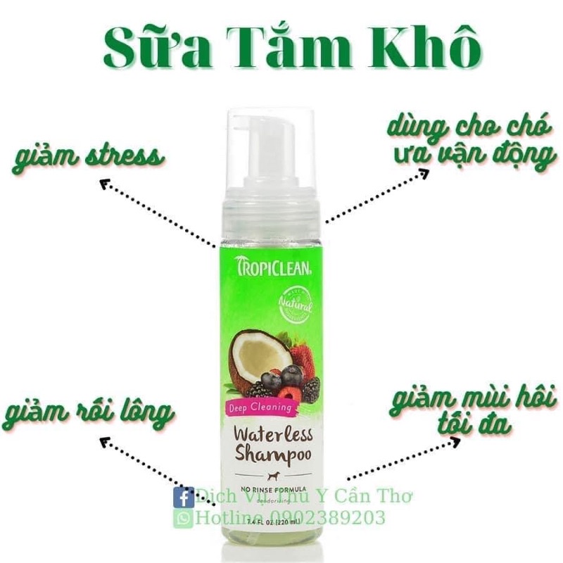 Bọt tắm khô Tropiclean cho chó mèogiúp làm sạch và khử mùi hôi 220ml - xuất xứ Mỹ