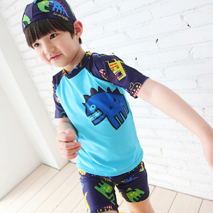 Bộ đồ bơi hoạ tiết khủng long kèm nón bơi - Đồ bơi ngắn tay bé trai BT21