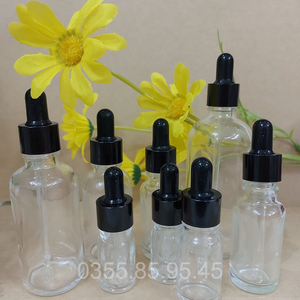 Chai thủy tinh rỗng TRONG nắp bóp ĐEN 5ml / 10ml / 20ml / 30ml / 50ml / 100ml , chai chiết serum mỹ phẩm du lịch