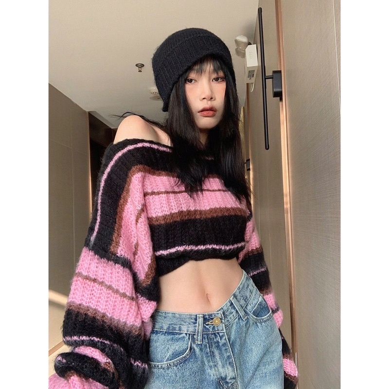 Áo Len Tay Dài Form Croptop Kẻ Sọc Phối Màu Độc Đáo Thời Trang Cá Tính