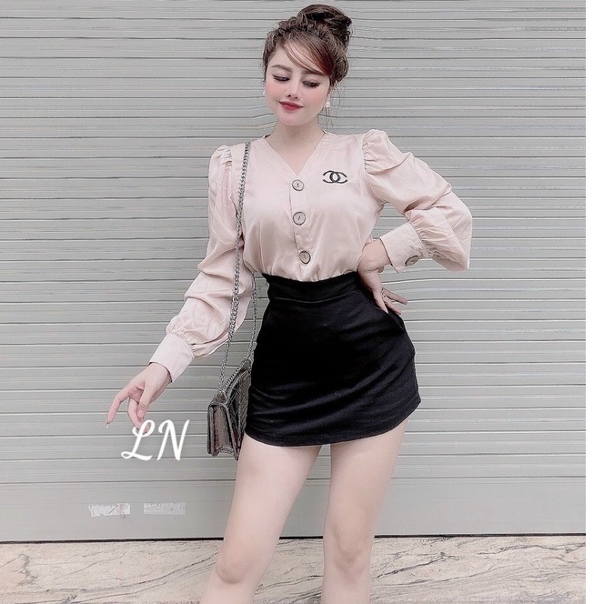 Áo sơ mi lụa công sở cổ V cúc giữa  _ Áo sơ mi nữ