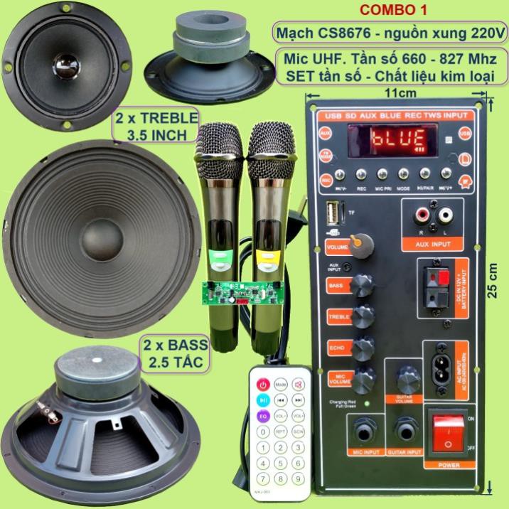Mạch loa kéo 2.5 tấc đôi CS8676 60W – 120W có nguồn xung 220V kèm Micro đơn hoặc Micro đôi – Bluetooth Karaoke Guitar đi