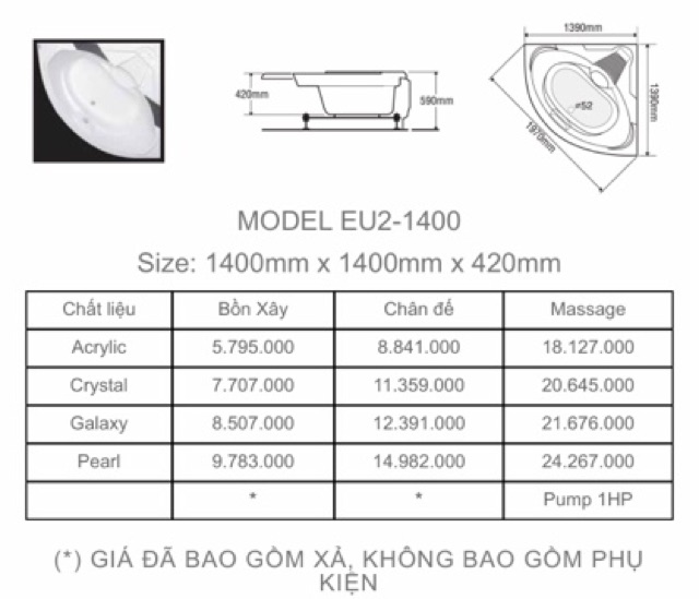 BỒN TẮM GÓC EU2-1400 - 3 NĂM BẢO HÀNH