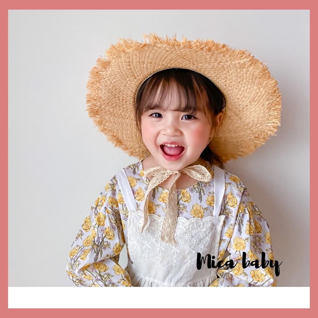 Mũ cói vành rộng đi biển thắt dây ren đáng yêu cho bé Mica Baby MH107