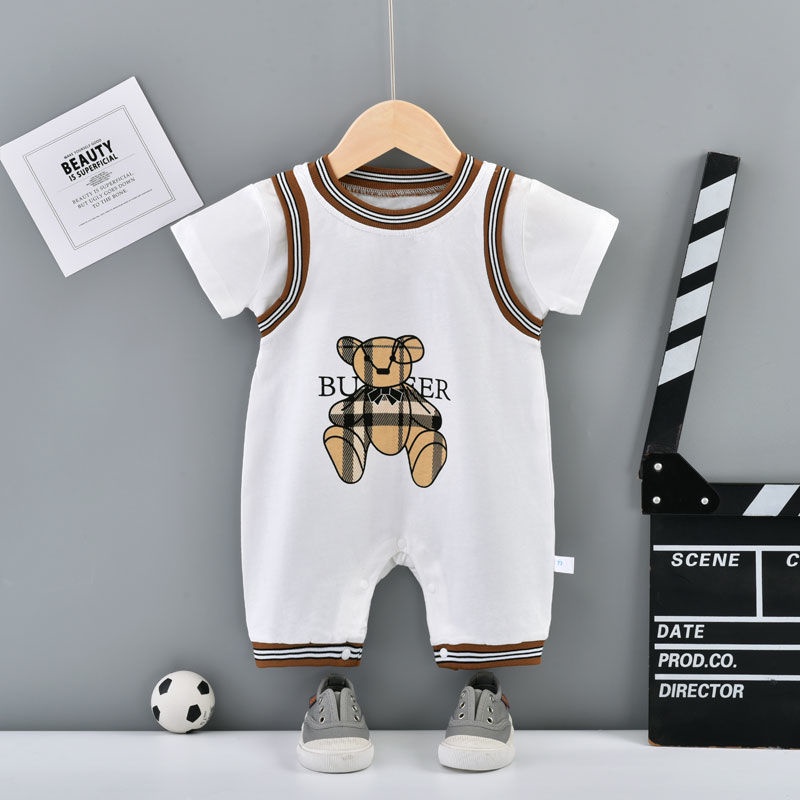 Bộ Áo Liền Quần Vải Cotton Tay Ngắn In Hình Gấu Dễ Thương Thời Trang Mùa Hè Cho Bé Trai Sơ Sinh