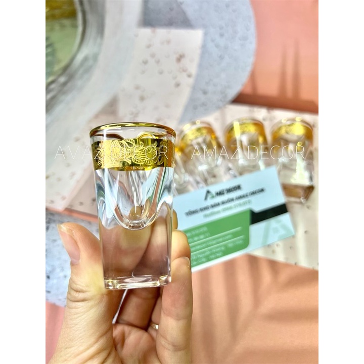 Bộ 6 chén ly rượu thủy tinh đế vuông dày cao cấp sang trọng họa tiết khảm họa tiết vàng