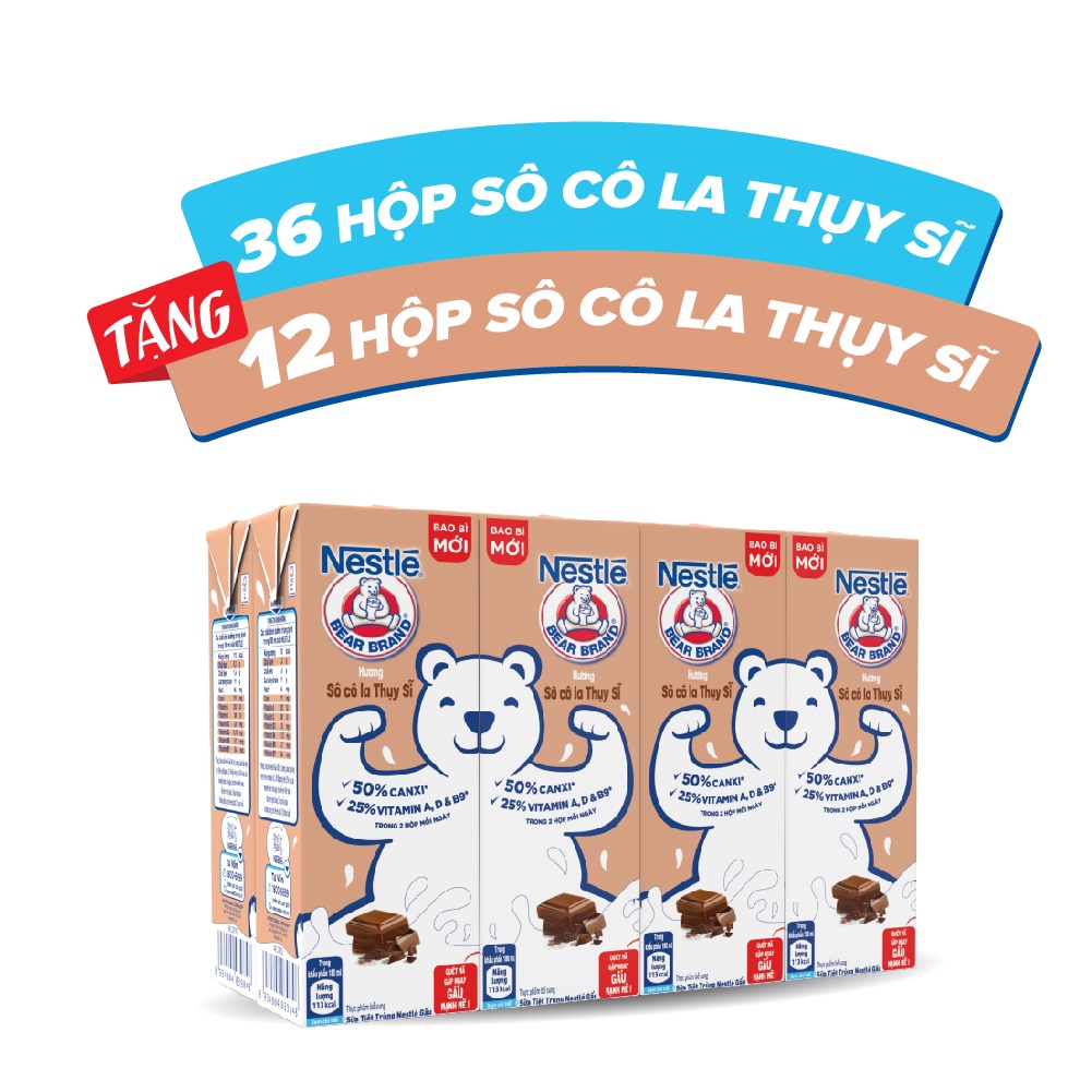 [TẶNG 12 HỘP khi mua 36 hộp] Thùng 48 hộp Sữa Nestlé Gấu Hương Sô cô la Thụy Sĩ (12 lốc x (3+1) hộp x 180ml)