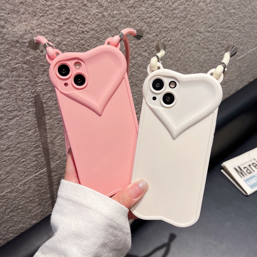 Ốp Điện Thoại Hình Trái Tim 3D Dễ Thương Có Dây Đeo Chéo Cho iPhone 11 12 Pro Max XS Max 7 8 Plus X XR