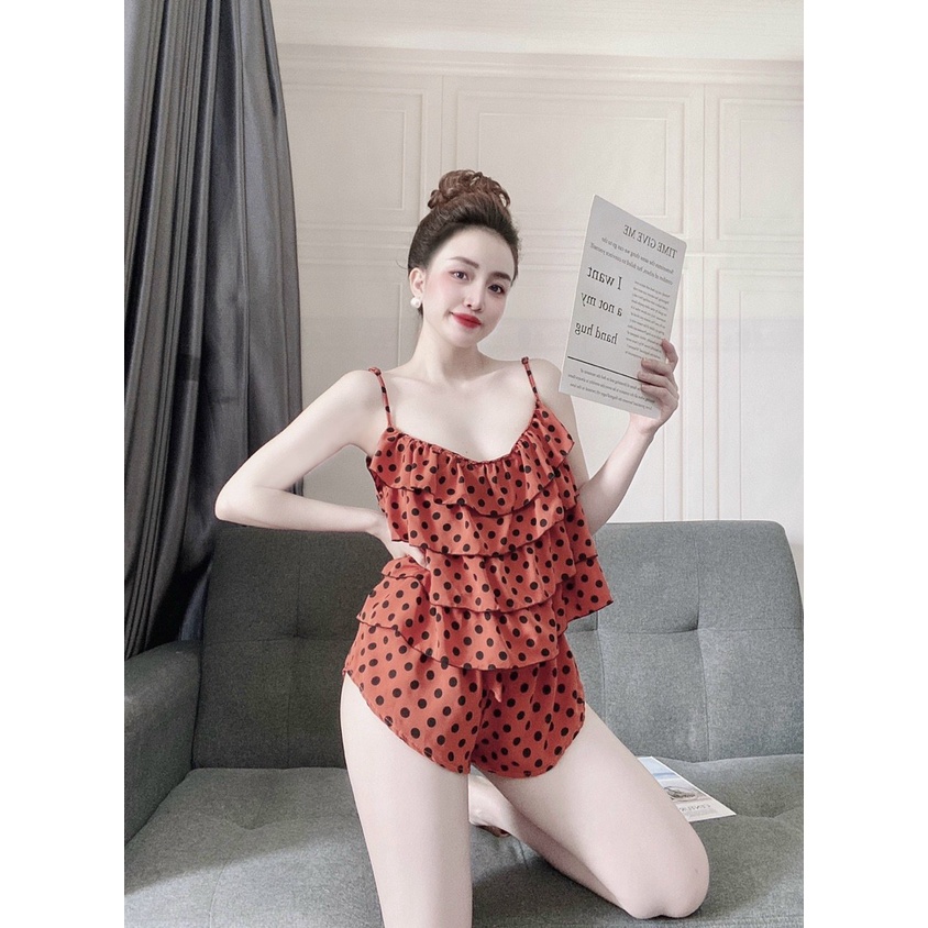 Đồ Ngủ Lụa Satin NGUYEN, Đồ Bộ Nữ Đồ Mặc Nhà 2 Dây Tầng Quần Cọc Chất Lụa Họa Tiết Chấm Bi Dễ Thương Xinh Xắn. | BigBuy360 - bigbuy360.vn