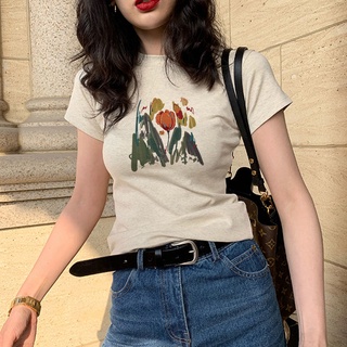 Áo Thun Cotton Ngắn Tay Dáng Ôm Thời Trang Retro Mùa Hè Cho Nữ