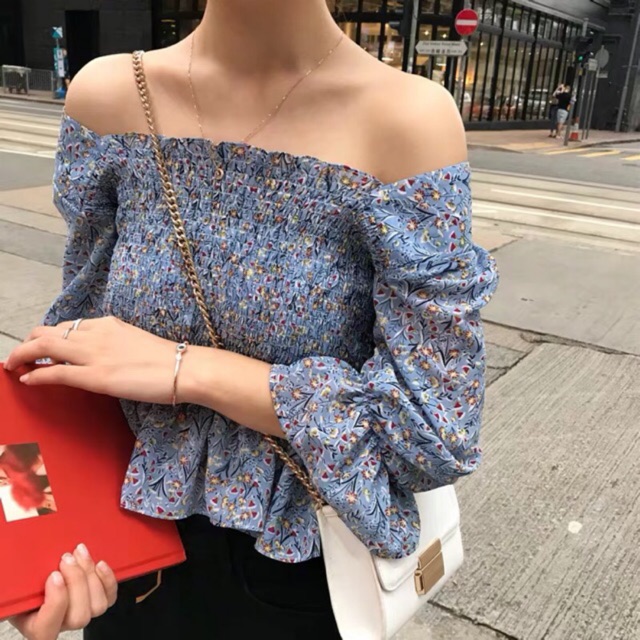 [HÀNG ORDER] Áo peplum hoa bo chun tay bồng 2 màu ( Có ảnh thật )