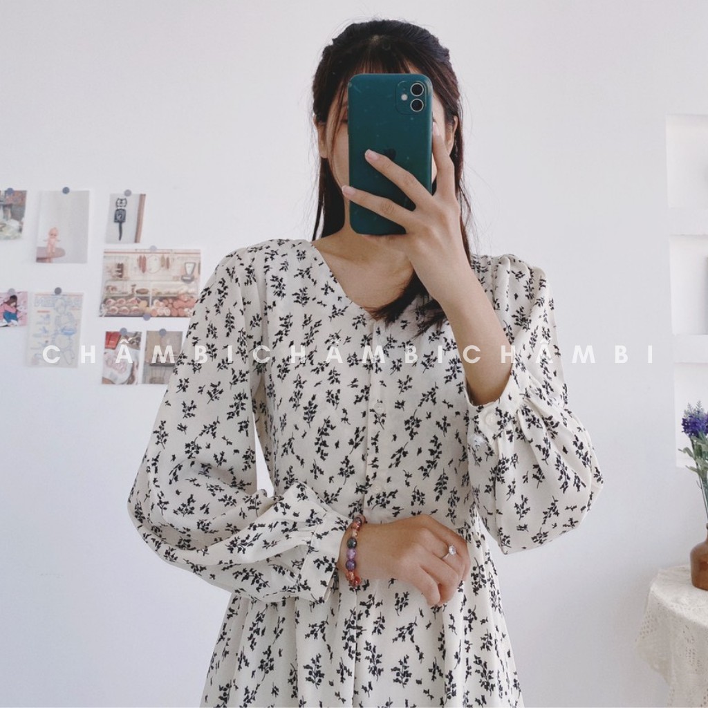 Đầm Babydoll Hoa Nhí Dài Tay Cúc Ngực Cổ V Freesize<53kg - V.046 | BigBuy360 - bigbuy360.vn