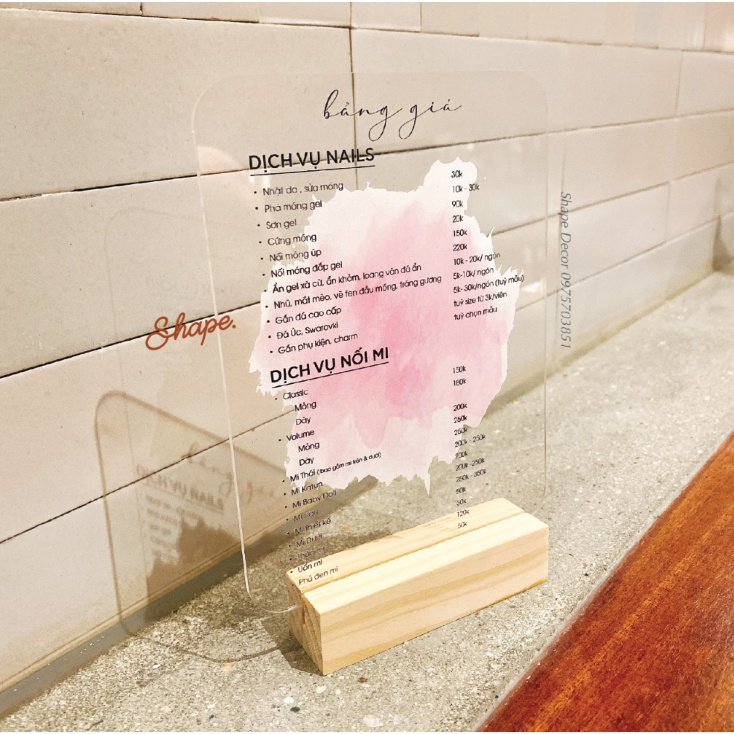 Bảng menu trong suốt - làm theo yêu cầu